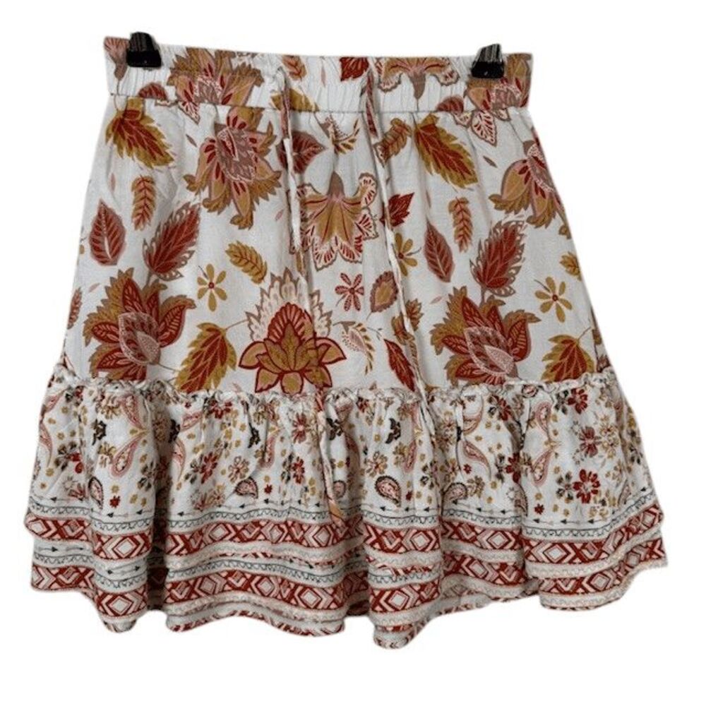 Cider Double Ruffle Mini Skirt Elastic Waist Boho Floral Natural Colors‎ Size XS